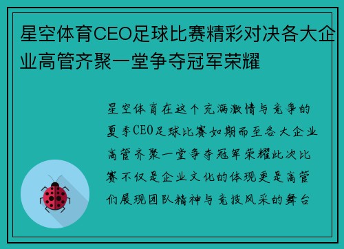 星空体育CEO足球比赛精彩对决各大企业高管齐聚一堂争夺冠军荣耀
