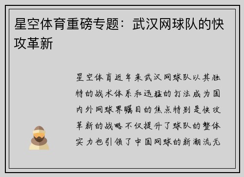 星空体育重磅专题：武汉网球队的快攻革新